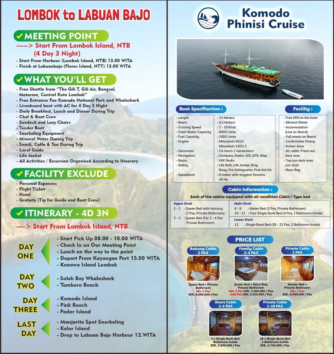 Deluxe boat for Open trip from Lombok to Labuan Bajo, 4 days 3 nights