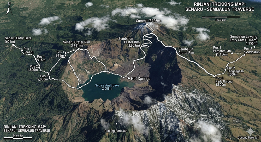 Sembalun to Senaru - Mount Rinjani Trekking Map